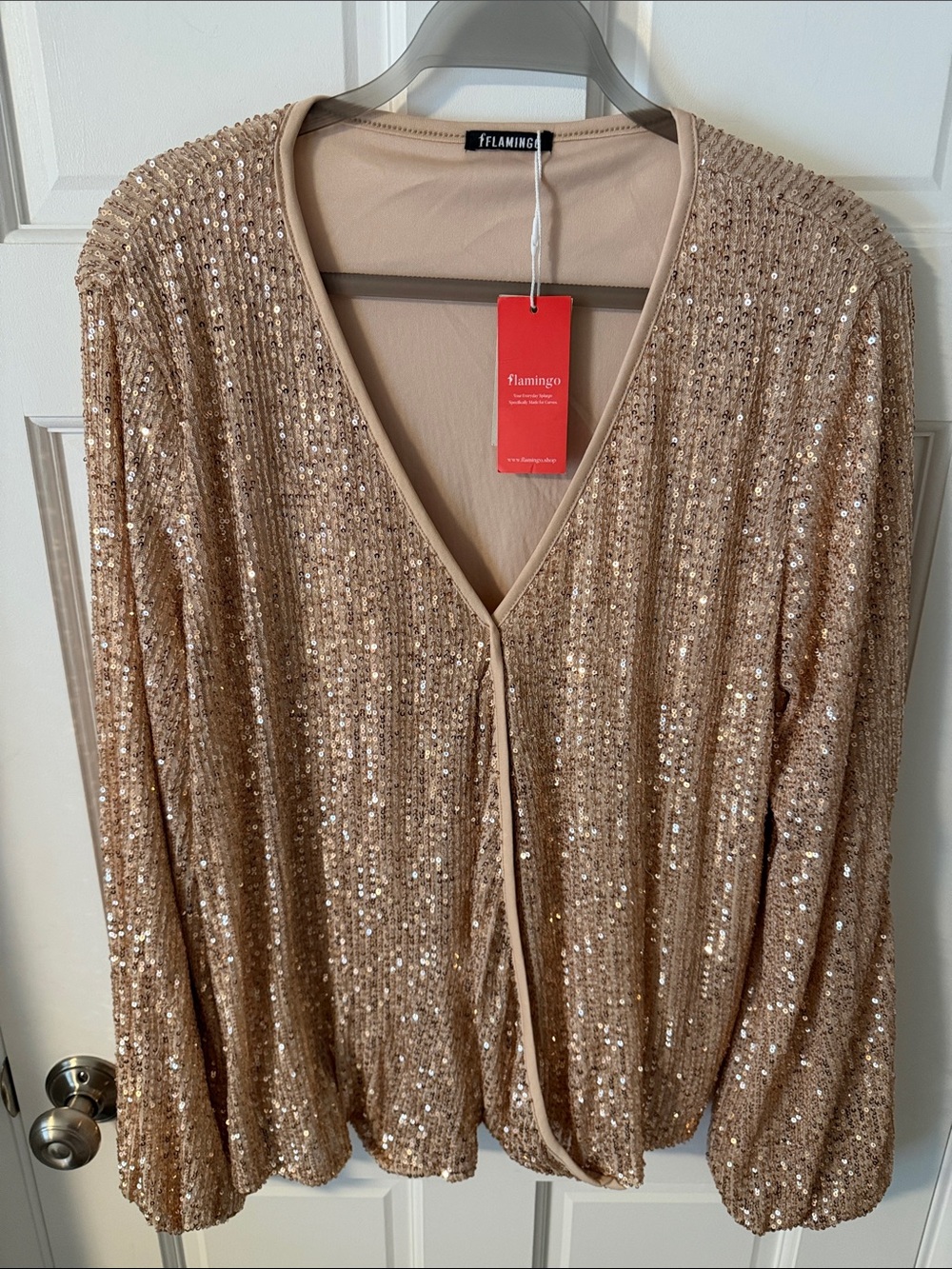 NWT Flamingo Gold Sequin V-Neck Faux Wrap Blouse Holiday Size XXL
